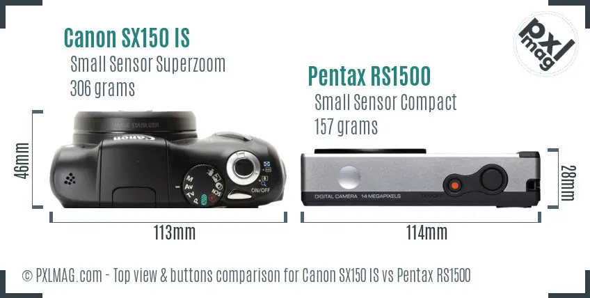 Canon SX150 IS vs Pentax RS1500 top view buttons comparison Canon SX150 IS vs Pentax RS1500 top view buttons comparison