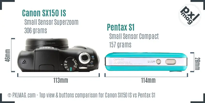 Canon SX150 IS vs Pentax S1 top view buttons comparison