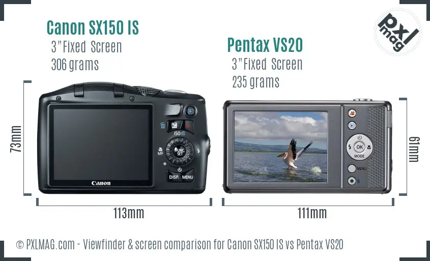 Canon SX150 IS vs Pentax VS20 Screen and Viewfinder comparison