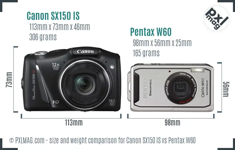 Canon SX150 IS vs Pentax W60 size comparison