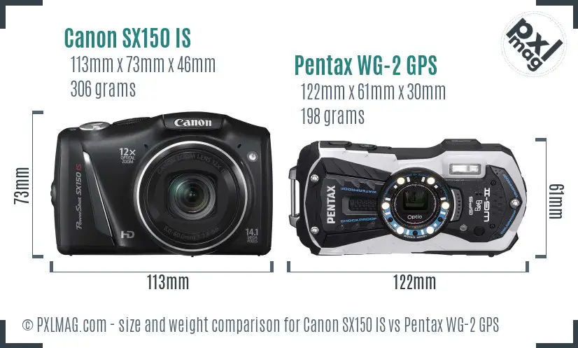 Canon SX150 IS vs Pentax WG-2 GPS size comparison Canon SX150 IS vs Pentax WG-2 GPS size comparison