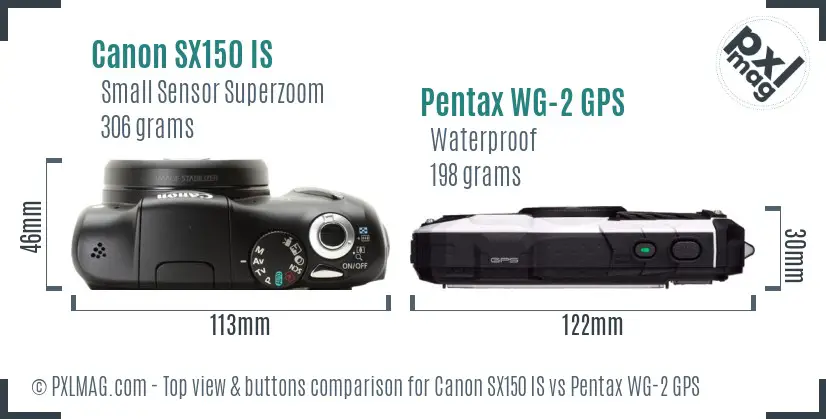 Canon SX150 IS vs Pentax WG-2 GPS top view buttons comparison Canon SX150 IS vs Pentax WG-2 GPS top view buttons comparison