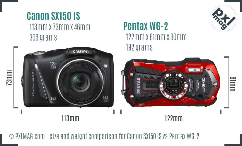 Canon SX150 IS vs Pentax WG-2 size comparison