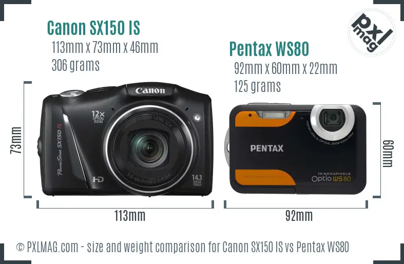 Canon SX150 IS vs Pentax WS80 size comparison