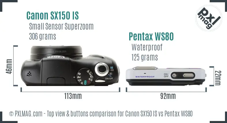 Canon SX150 IS vs Pentax WS80 top view buttons comparison