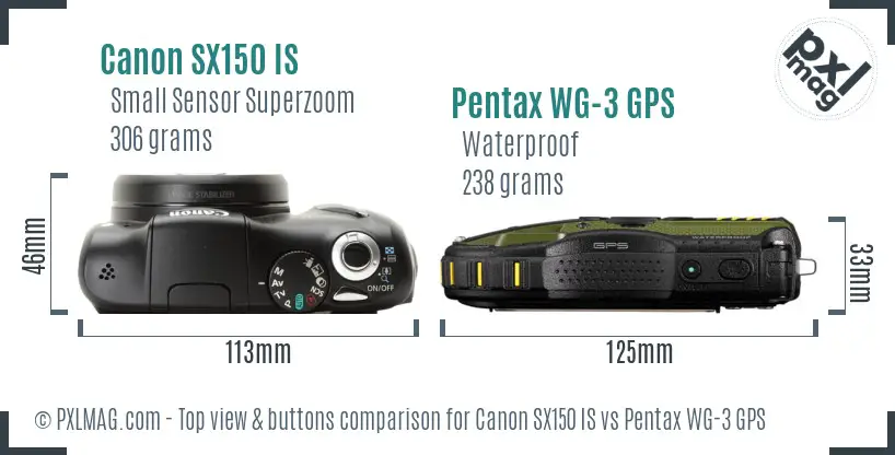 Canon SX150 IS vs Pentax WG-3 GPS top view buttons comparison