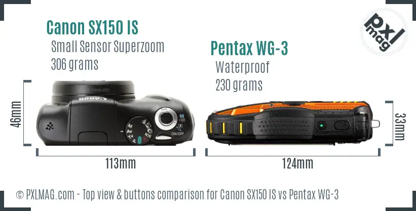 Canon SX150 IS vs Pentax WG-3 top view buttons comparison