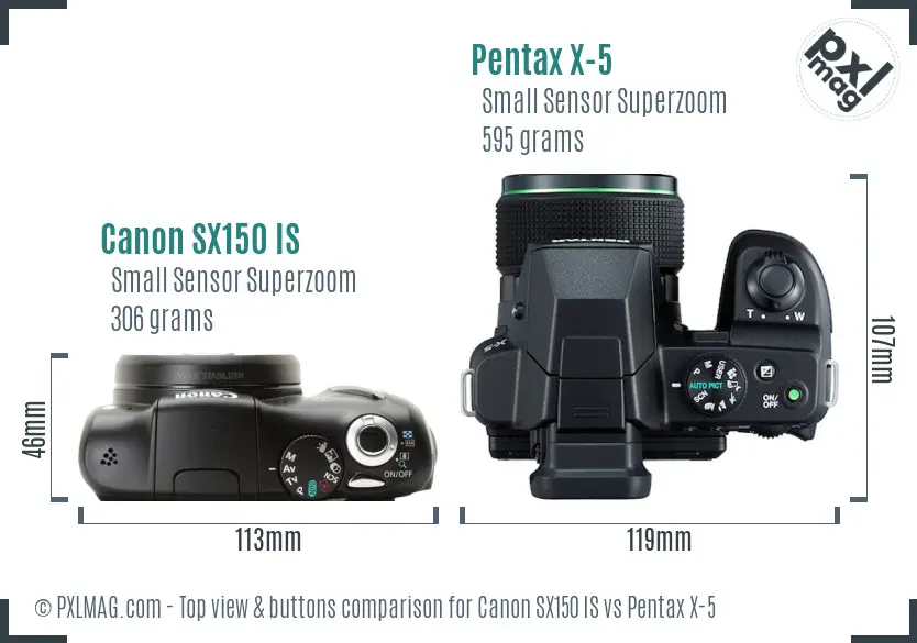 Canon SX150 IS vs Pentax X-5 top view buttons comparison Canon SX150 IS vs Pentax X-5 top view buttons comparison