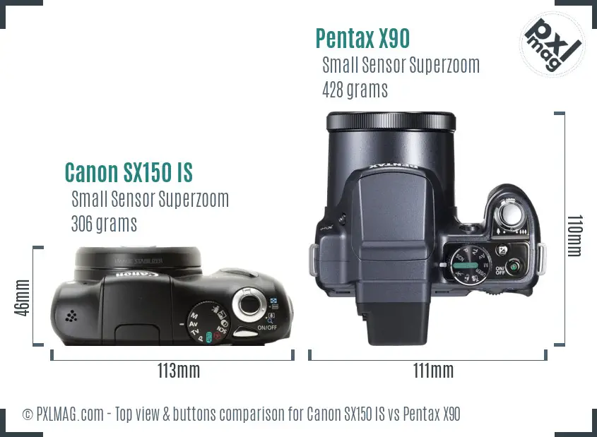 Canon SX150 IS vs Pentax X90 top view buttons comparison