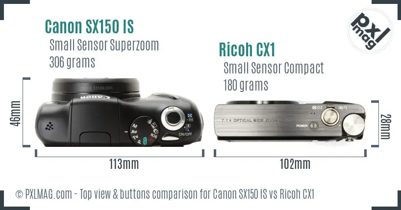 Canon SX150 IS vs Ricoh CX1 top view buttons comparison