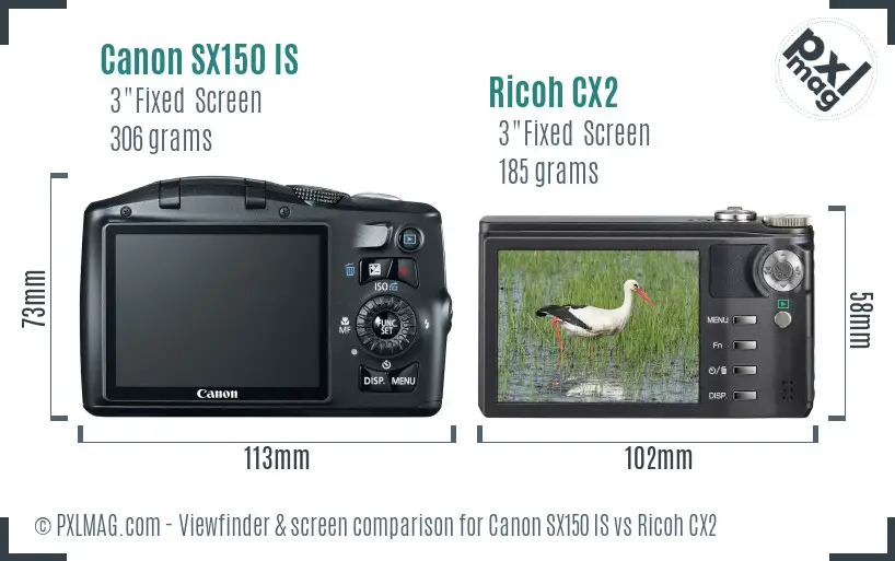 Canon SX150 IS vs Ricoh CX2 Screen and Viewfinder comparison
