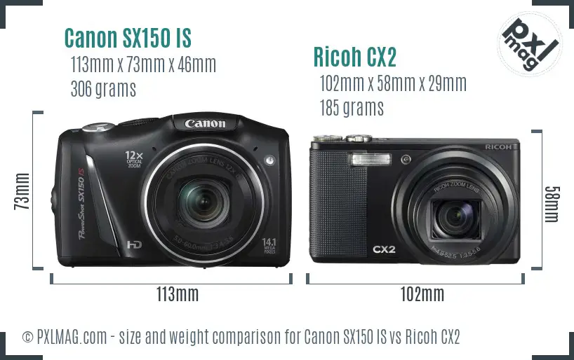 Canon SX150 IS vs Ricoh CX2 size comparison