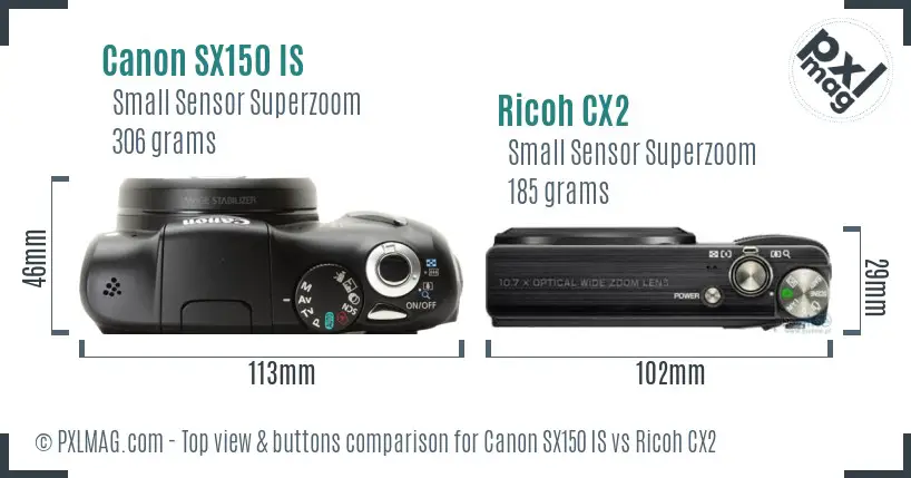 Canon SX150 IS vs Ricoh CX2 top view buttons comparison