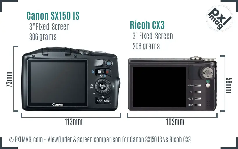 Canon SX150 IS vs Ricoh CX3 Screen and Viewfinder comparison