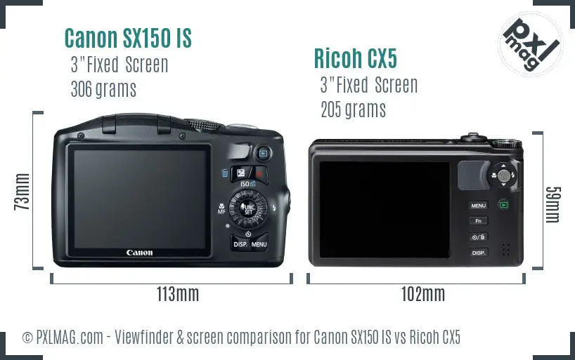 Canon SX150 IS vs Ricoh CX5 Screen and Viewfinder comparison