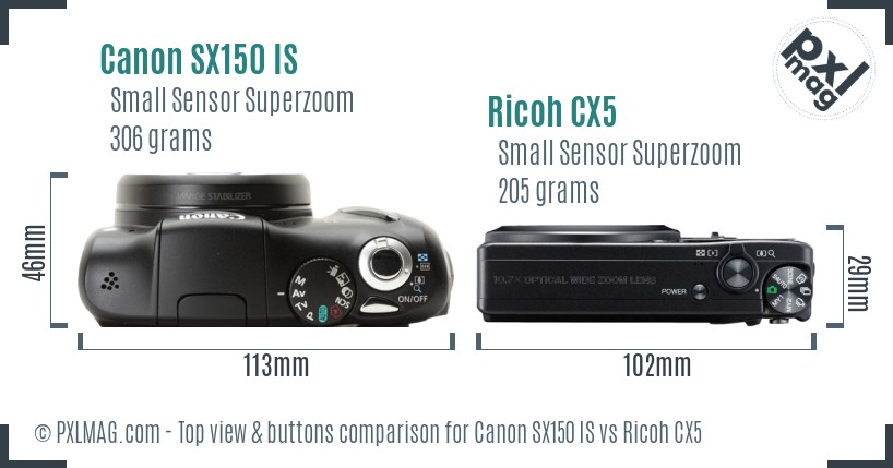 Canon SX150 IS vs Ricoh CX5 top view buttons comparison