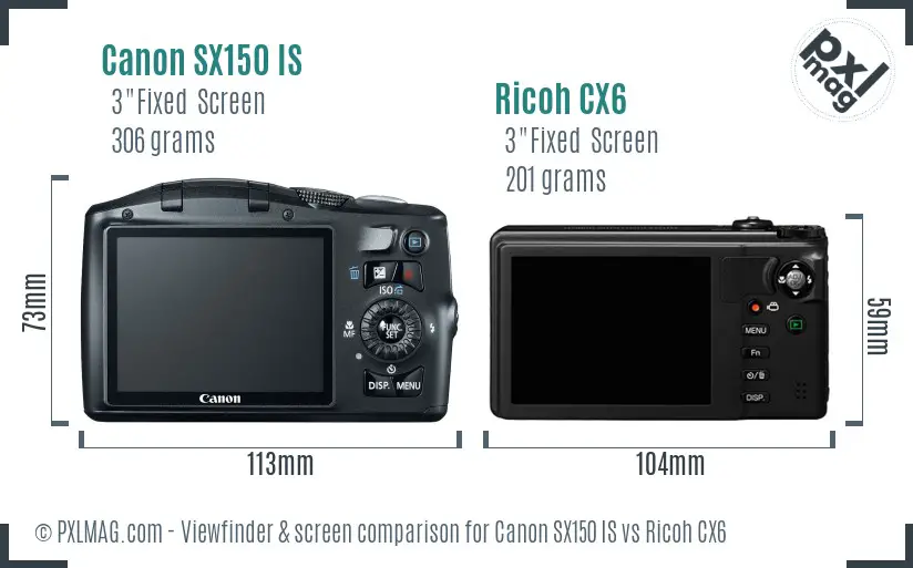 Canon SX150 IS vs Ricoh CX6 Screen and Viewfinder comparison