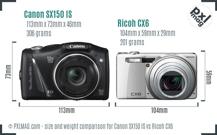 Canon SX150 IS vs Ricoh CX6 size comparison