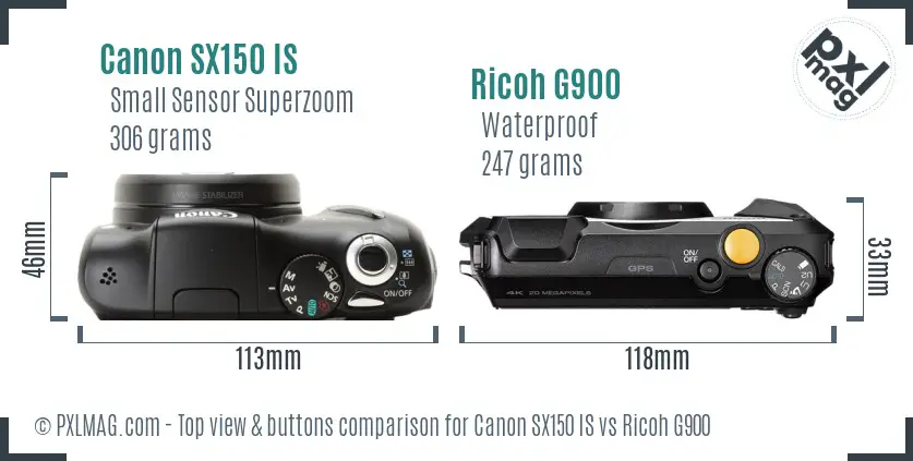 Canon SX150 IS vs Ricoh G900 top view buttons comparison