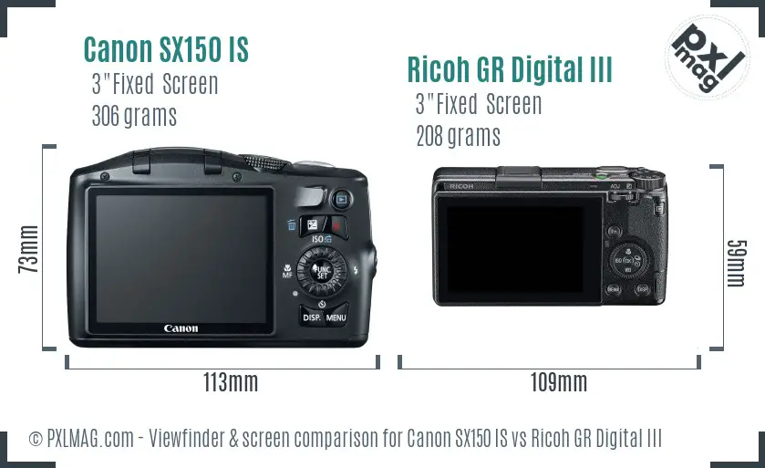 Canon SX150 IS vs Ricoh GR Digital III Screen and Viewfinder comparison