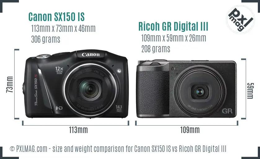 Canon SX150 IS vs Ricoh GR Digital III size comparison