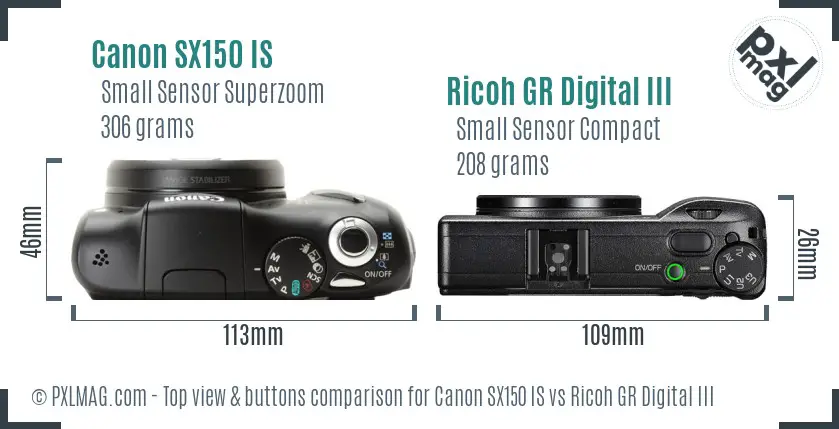 Canon SX150 IS vs Ricoh GR Digital III top view buttons comparison