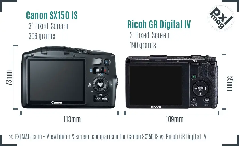 Canon SX150 IS vs Ricoh GR Digital IV Screen and Viewfinder comparison
