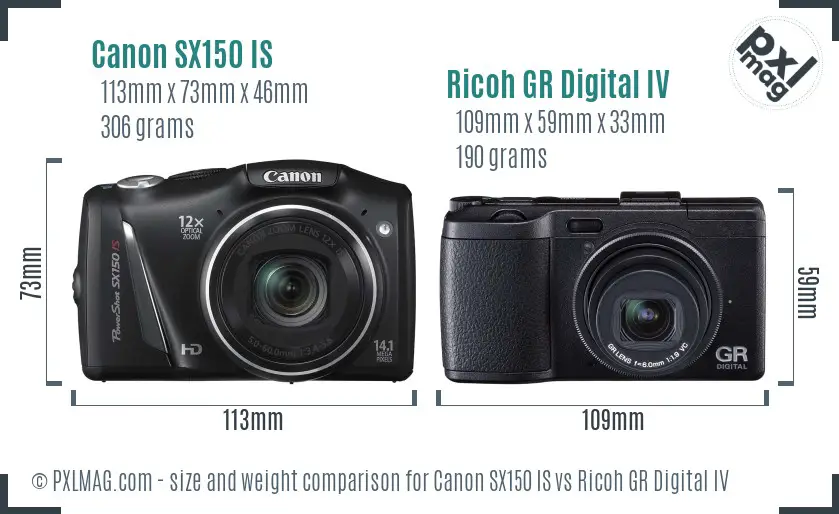 Canon SX150 IS vs Ricoh GR Digital IV size comparison