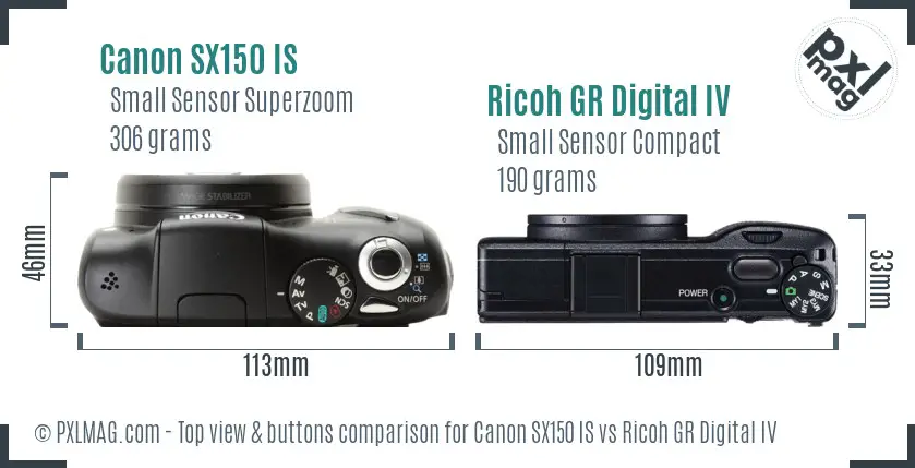 Canon SX150 IS vs Ricoh GR Digital IV top view buttons comparison