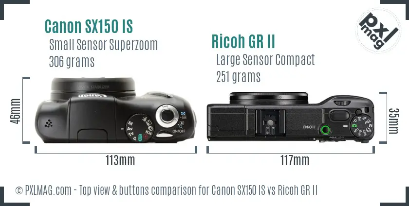 Canon SX150 IS vs Ricoh GR II top view buttons comparison