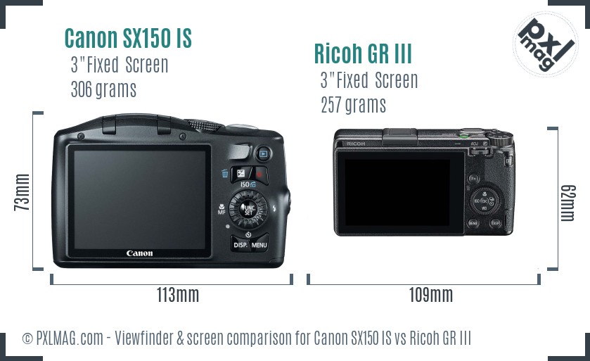 Canon SX150 IS vs Ricoh GR III Screen and Viewfinder comparison