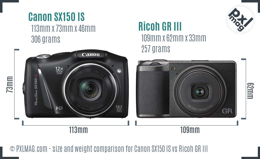 Canon SX150 IS vs Ricoh GR III size comparison