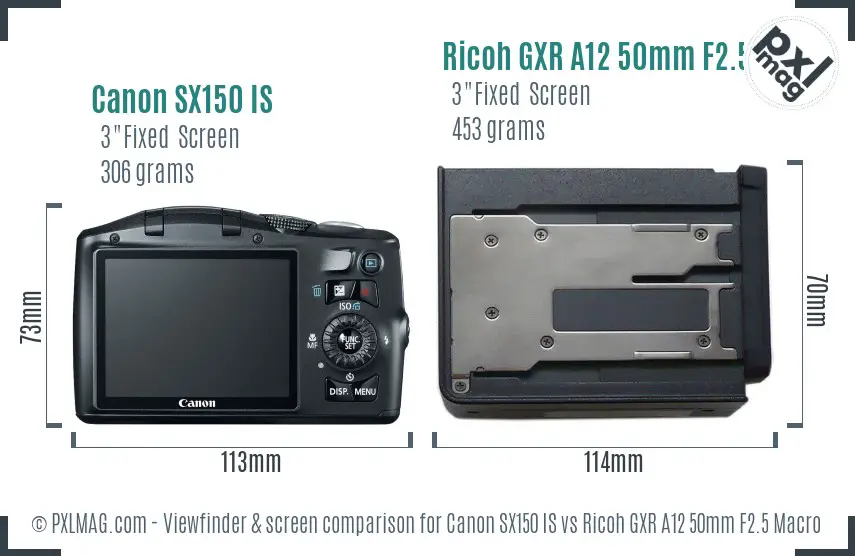 Canon SX150 IS vs Ricoh GXR A12 50mm F2.5 Macro Screen and Viewfinder comparison