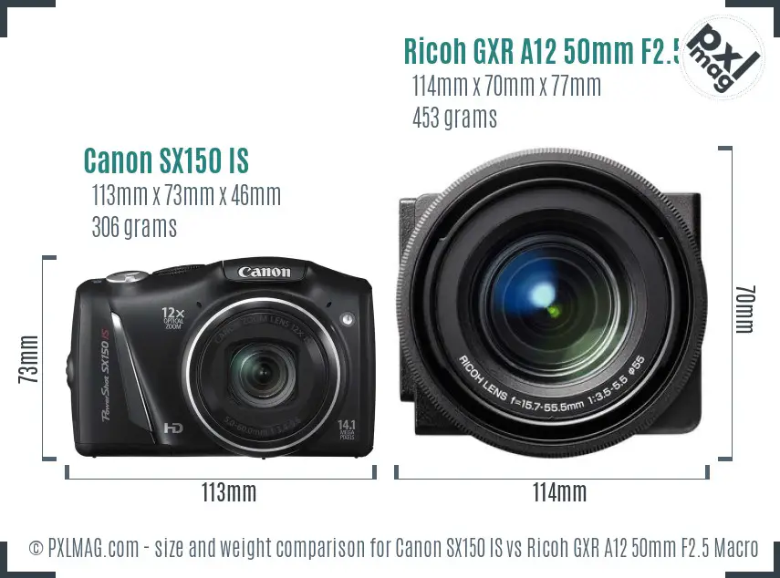 Canon SX150 IS vs Ricoh GXR A12 50mm F2.5 Macro size comparison