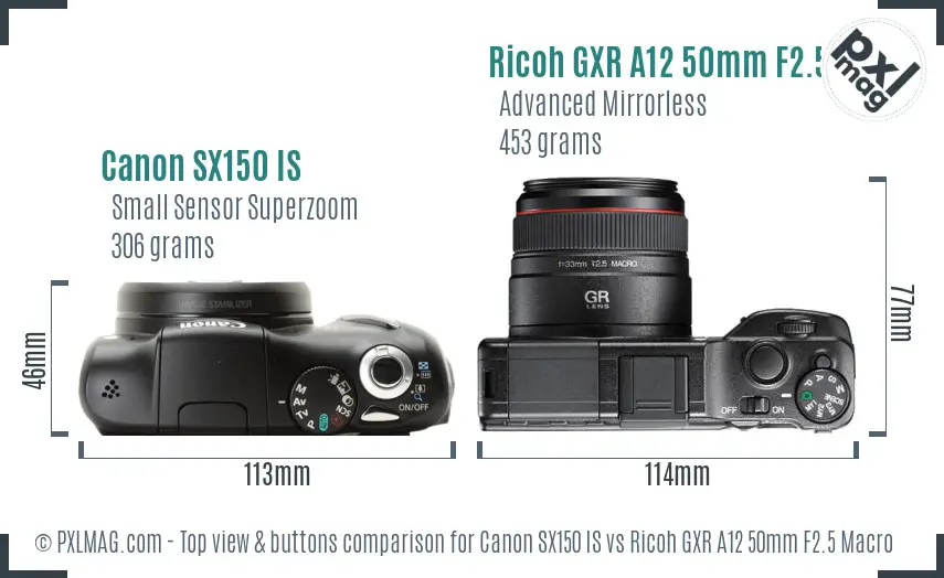 Canon SX150 IS vs Ricoh GXR A12 50mm F2.5 Macro top view buttons comparison