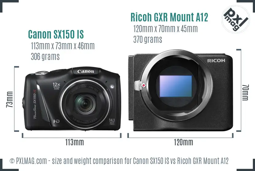 Canon SX150 IS vs Ricoh GXR Mount A12 size comparison