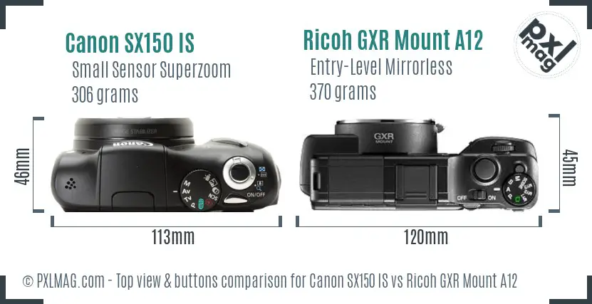 Canon SX150 IS vs Ricoh GXR Mount A12 top view buttons comparison