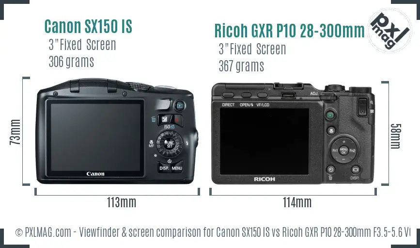 Canon SX150 IS vs Ricoh GXR P10 28-300mm F3.5-5.6 VC Screen and Viewfinder comparison