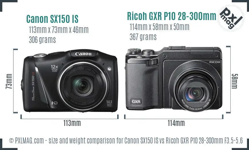 Canon SX150 IS vs Ricoh GXR P10 28-300mm F3.5-5.6 VC size comparison