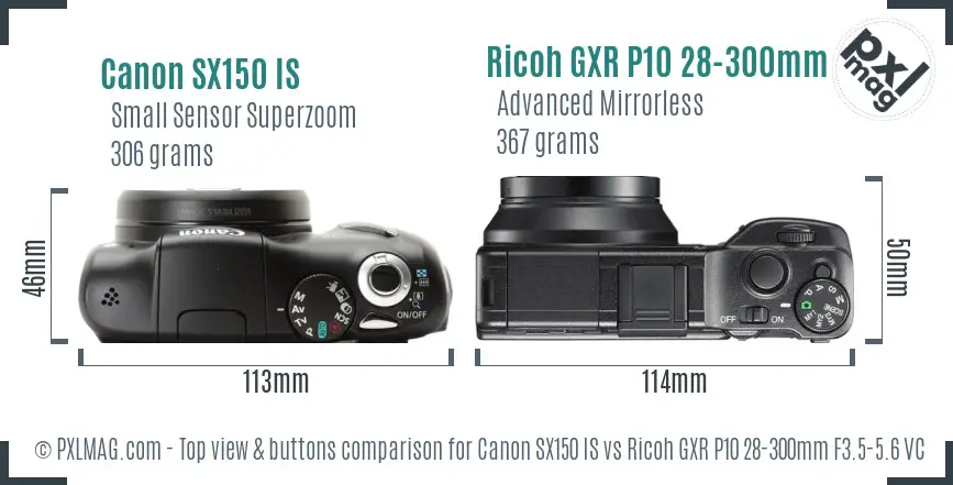 Canon SX150 IS vs Ricoh GXR P10 28-300mm F3.5-5.6 VC top view buttons comparison