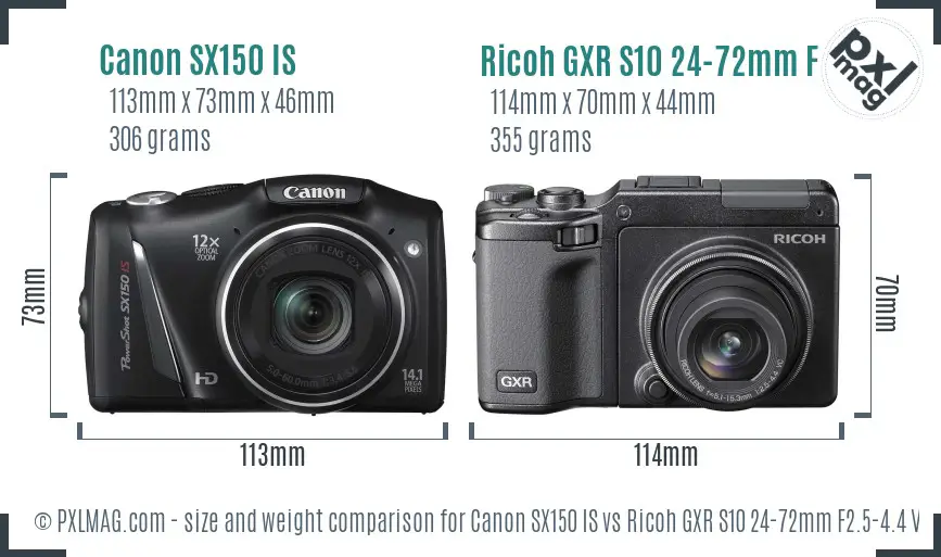 Canon SX150 IS vs Ricoh GXR S10 24-72mm F2.5-4.4 VC size comparison Canon SX150 IS vs Ricoh GXR S10 24-72mm F2.5-4.4 VC size comparison