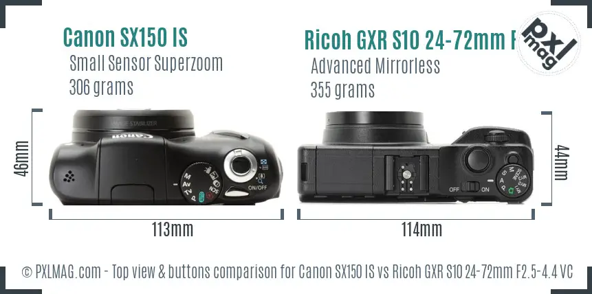 Canon SX150 IS vs Ricoh GXR S10 24-72mm F2.5-4.4 VC top view buttons comparison Canon SX150 IS vs Ricoh GXR S10 24-72mm F2.5-4.4 VC top view buttons comparison