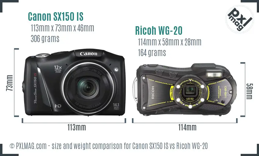 Canon SX150 IS vs Ricoh WG-20 size comparison