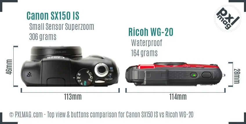 Canon SX150 IS vs Ricoh WG-20 top view buttons comparison