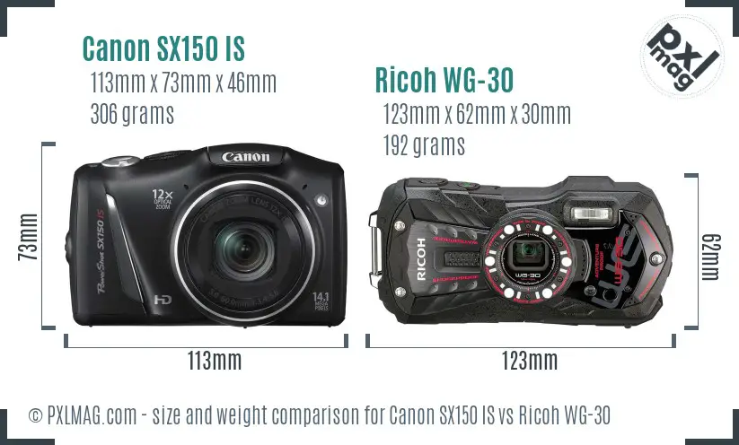 Canon SX150 IS vs Ricoh WG-30 size comparison