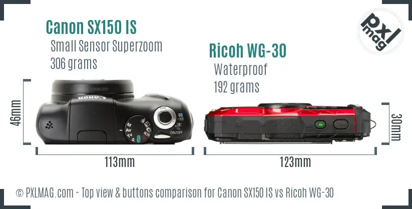 Canon SX150 IS vs Ricoh WG-30 top view buttons comparison