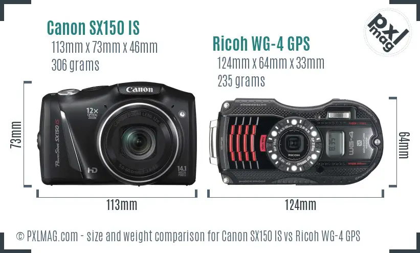 Canon SX150 IS vs Ricoh WG-4 GPS size comparison