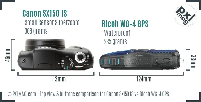 Canon SX150 IS vs Ricoh WG-4 GPS top view buttons comparison