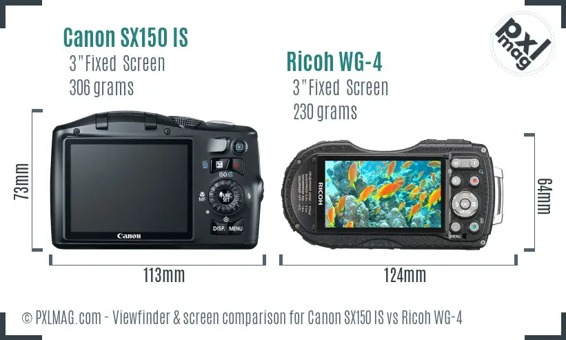 Canon SX150 IS vs Ricoh WG-4 Screen and Viewfinder comparison
