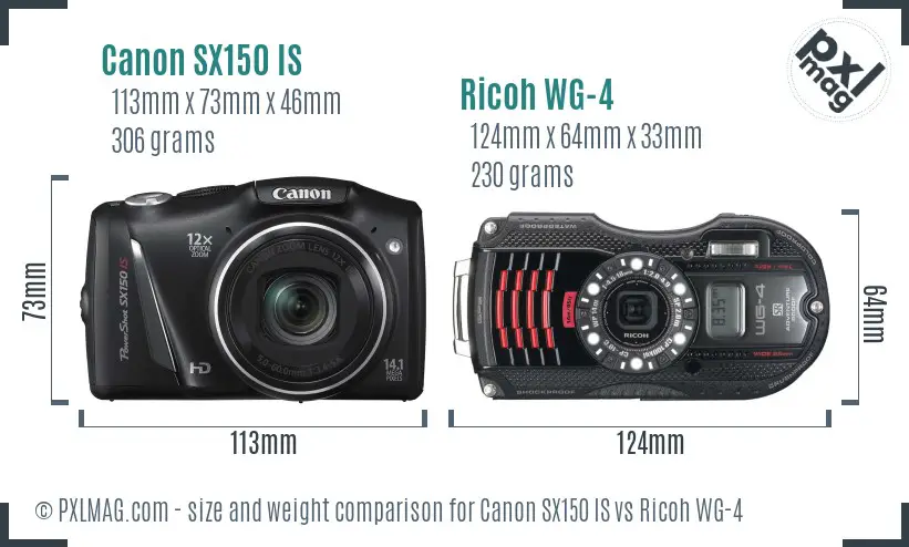 Canon SX150 IS vs Ricoh WG-4 size comparison